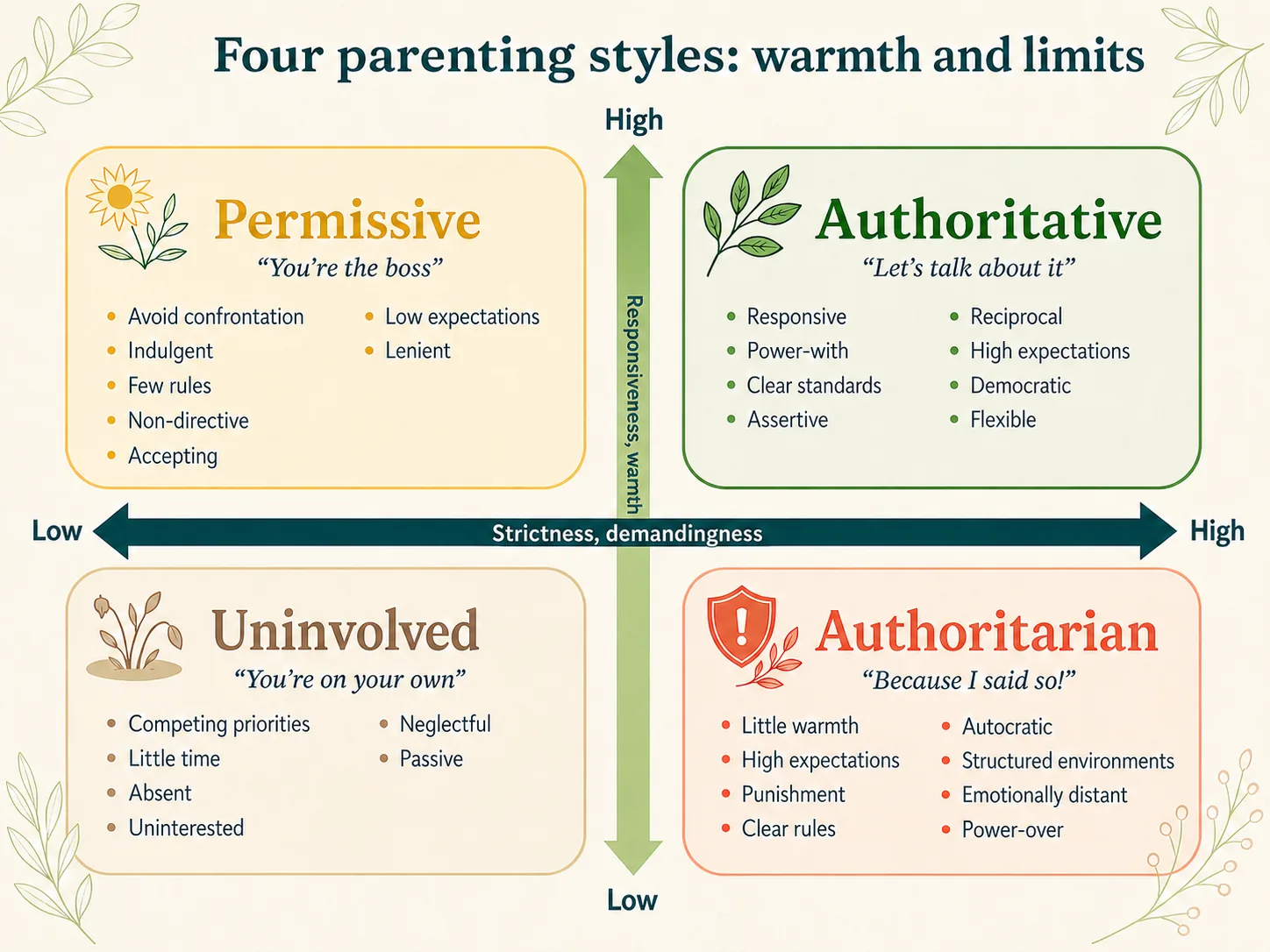 Four-quadrant chart comparing permissive, authoritative, uninvolved and authoritarian parenting across low to high responsiveness, warmth, strictness and demandingness.