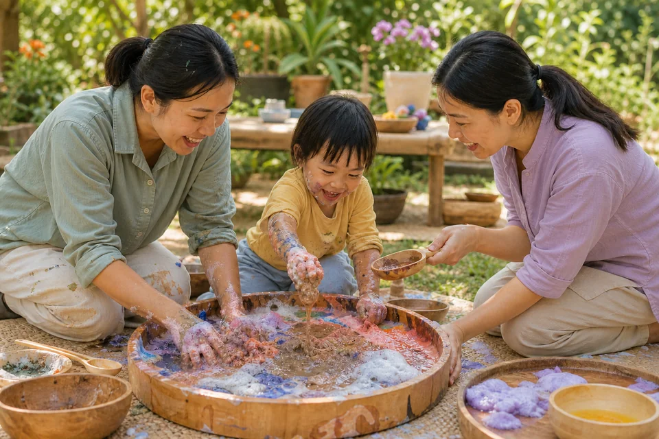 A child, caregiver and facilitator joyfully mix colourful foam, water and soft mud together in a garden sensory tray.