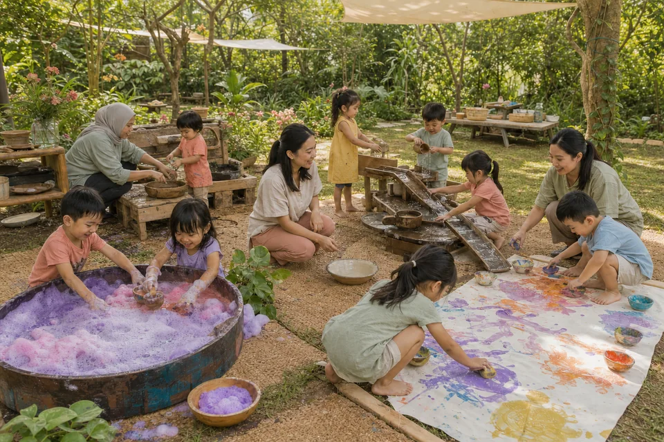 Children and caregivers explore foam, mud, water and painting stations across an outdoor Nurture Play garden session.