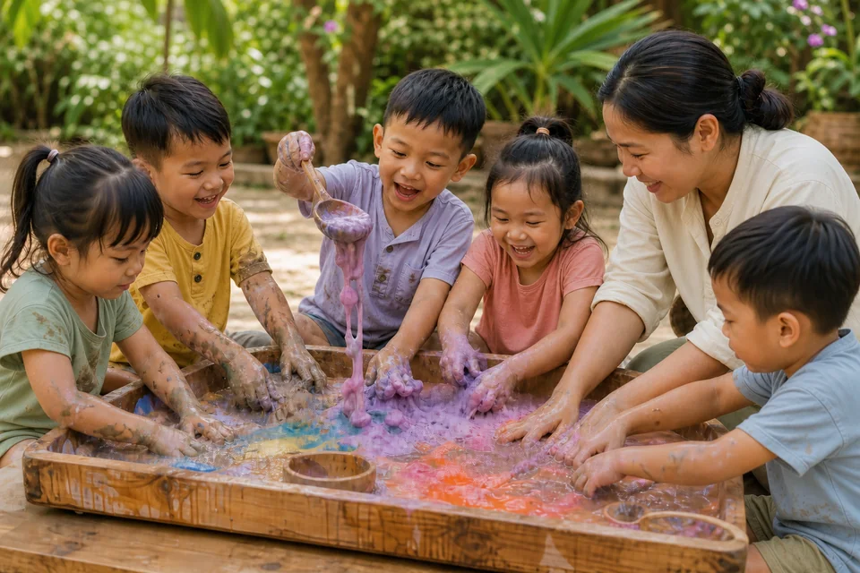 Five children and a caregiver laugh and mix colourful foam, water and soft mud together in a wooden sensory tray.