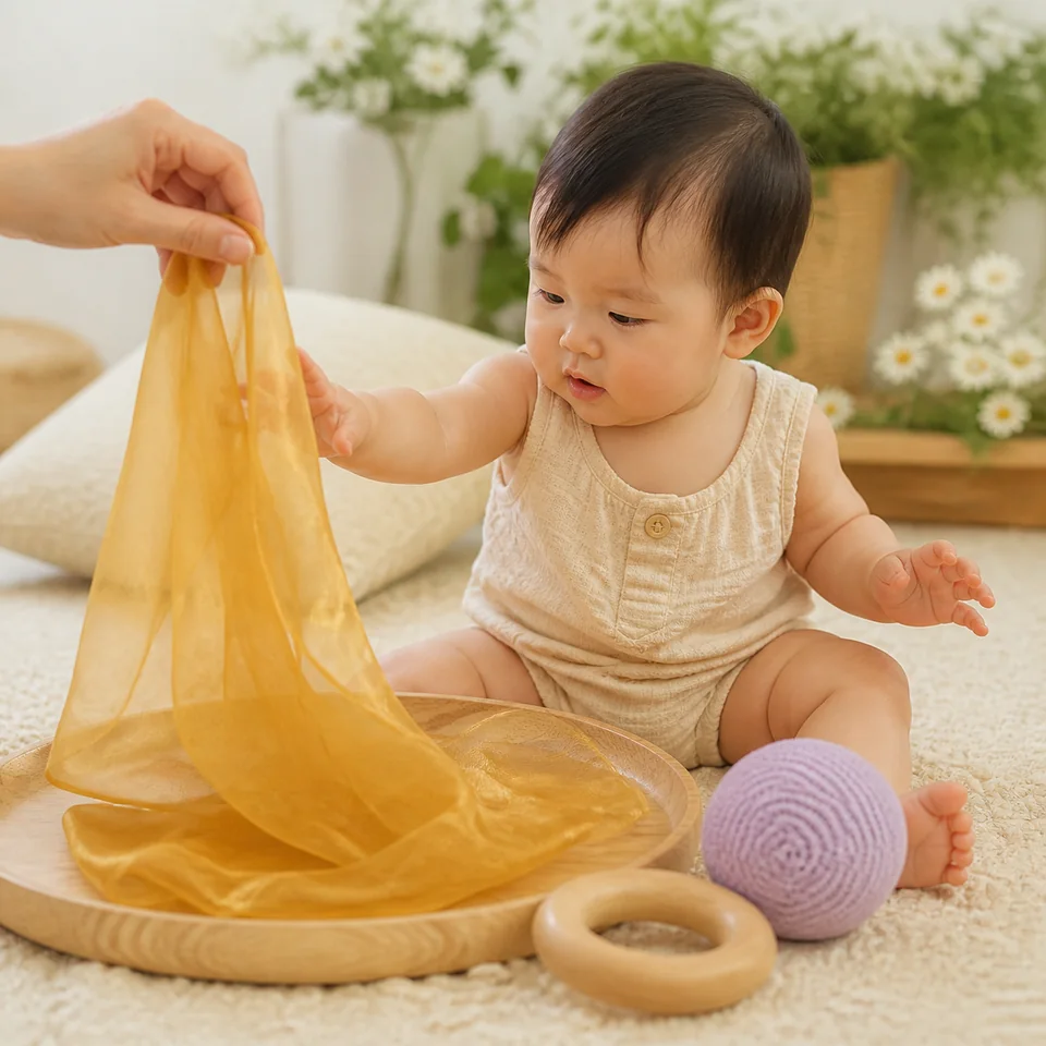 A baby exploring colourful sensory materials