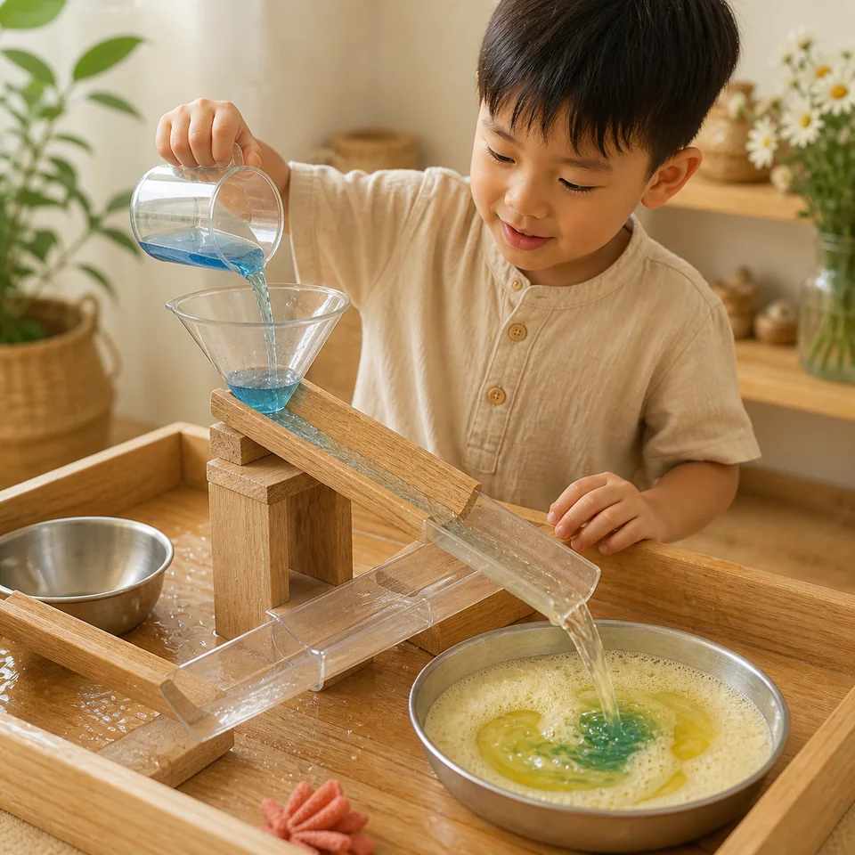 A young child absorbed in an open-ended sensory setup