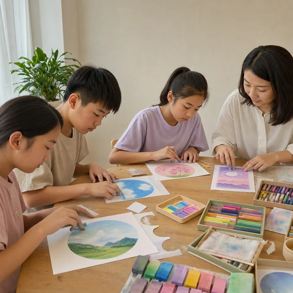A child creating soft-coloured Pastel Nagomi Art