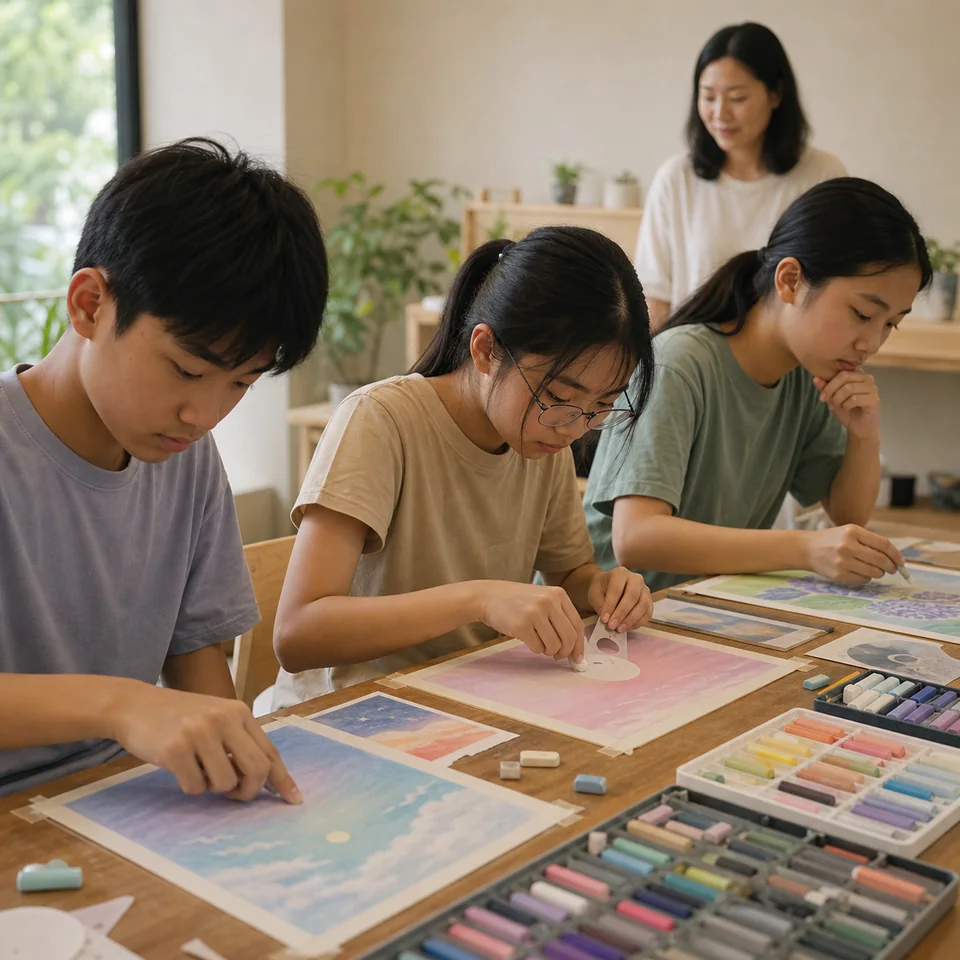 A young artist building skills with pastel colours